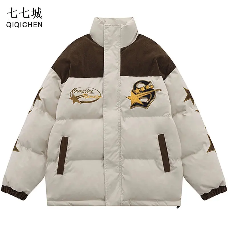 

Winter Men Jacket Parka Corduroy Patchwork Embroidery Star Thicken Warm Padded Coat Streetwear Hip Hop Harajuku Bubble Jackets