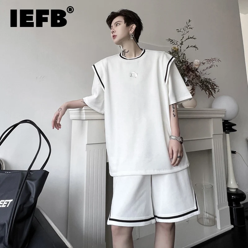 

IEFB Summer Solid Color Male Two Piece Suit Spliced Short Sleeve Fashion T-shirt Men's Set Casual Shorts 2023 New Korean 9A8542