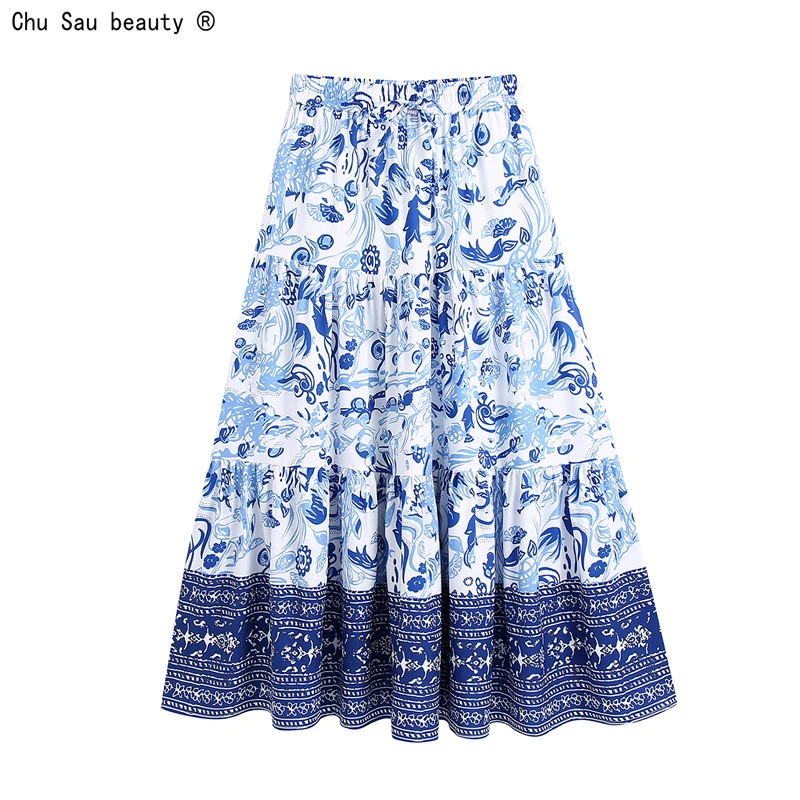 

Женская длинная юбка на шнуровке, повседневная винтажная трапециевидная юбка с цветочным принтом и поясом на резинке, Новинка лета 2021