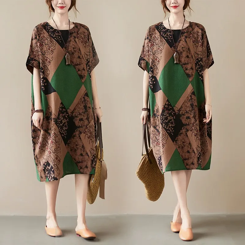 

Женское свободное и тонкое платье в Корейском стиле, повседневное простое платье из хлопка и льна с круглым вырезом в стиле ретро, лето 2023