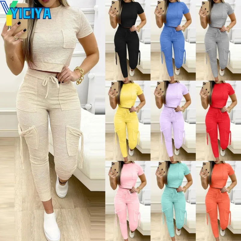 

YICIYA Summer Tracksuit Women Body Top Drawstring Pocket Sports Pants Set Leisure Women's Jogging Sportswear Suit 2022 Fashion