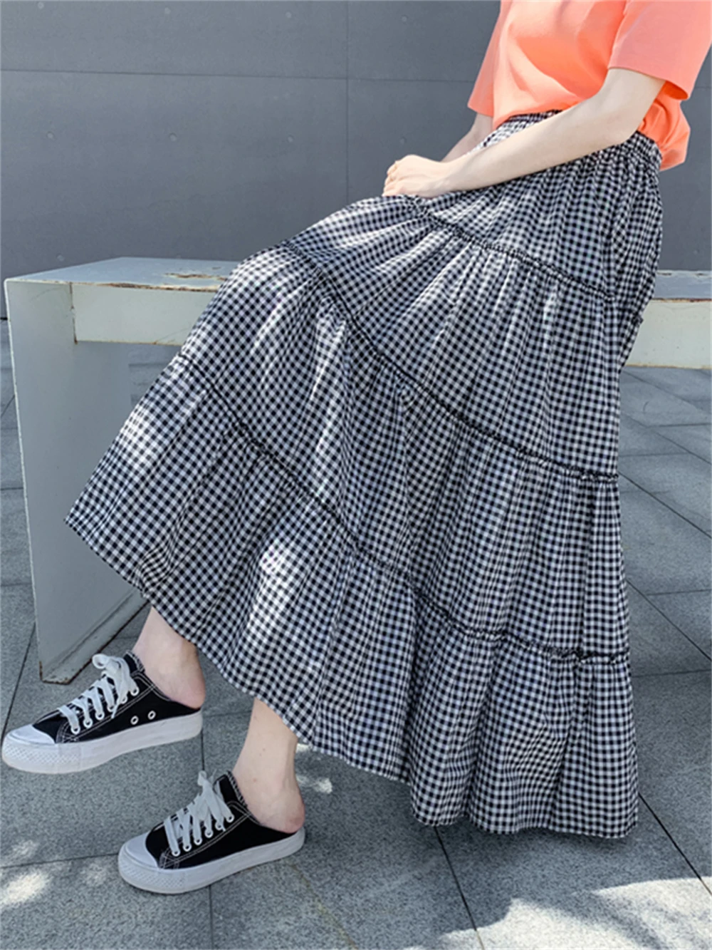 

Женская винтажная клетчатая юбка, свободная повседневная трапециевидная юбка средней длины в Корейском стиле, стильные мешковатые длинные...