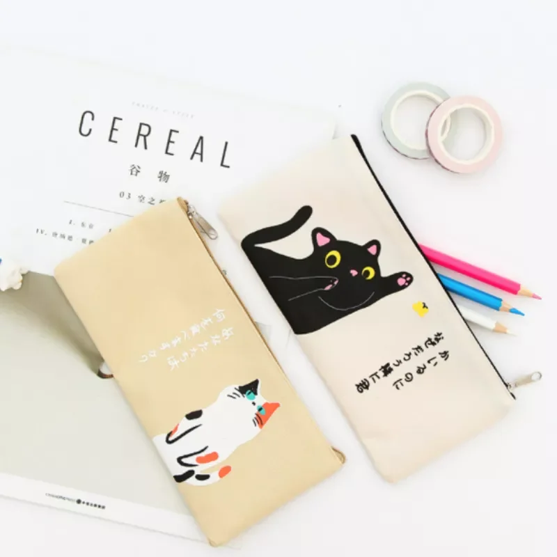 

Cute Cartoon Cat Pencil Bag Canvas Pencil Case Student Stationery Pen Pencil Eraser Storage Bag Makeup Bag School Office Supply
