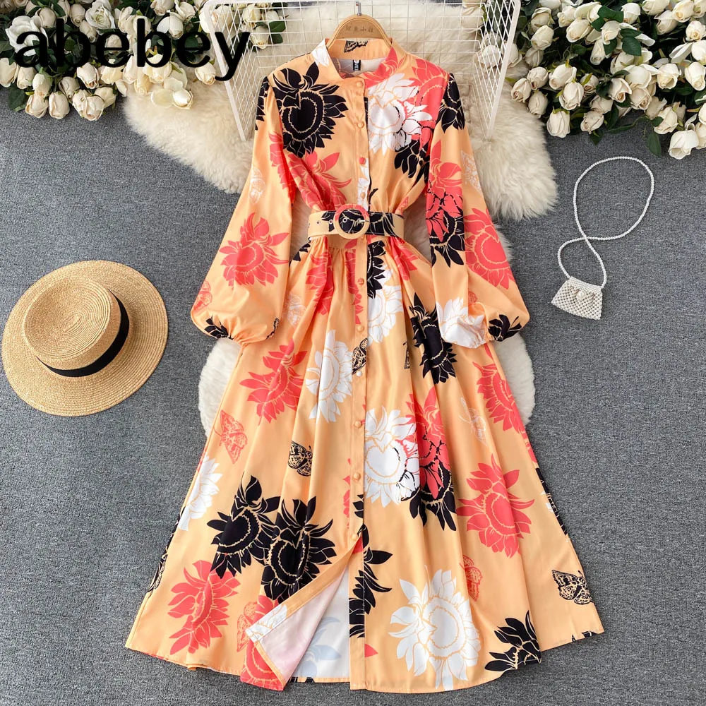 

2022 Spring Autumn Bohemian Women Chic Flower Printed Maxi Dress Stand Collar Long Lantern Sleeve Split Belted Party Vestido