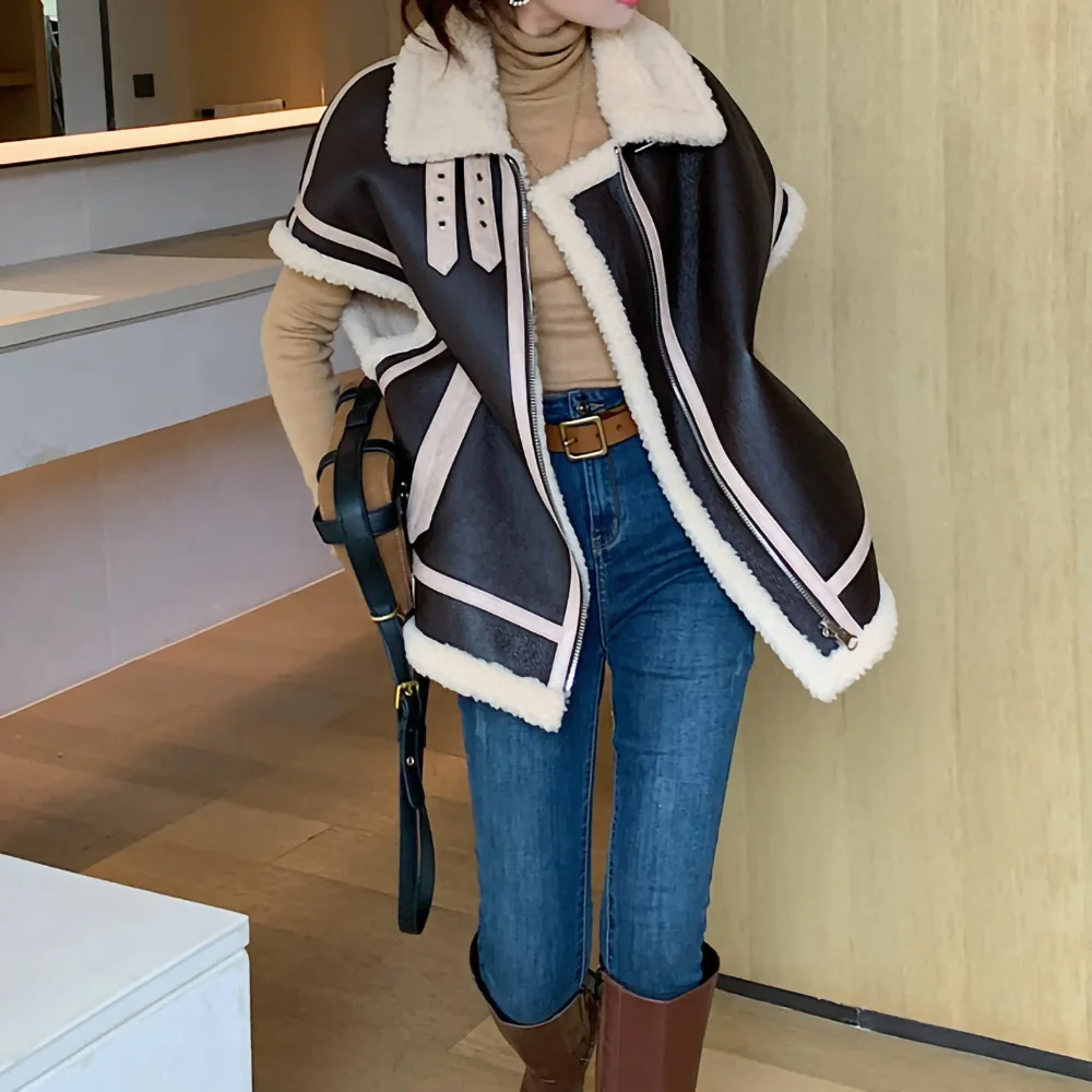 2023 Women's Shearling Vest Genuine Leather Coat Warm Real Wool Waistcoat Winter Autumn Double Face Biker Gilet MH3639L