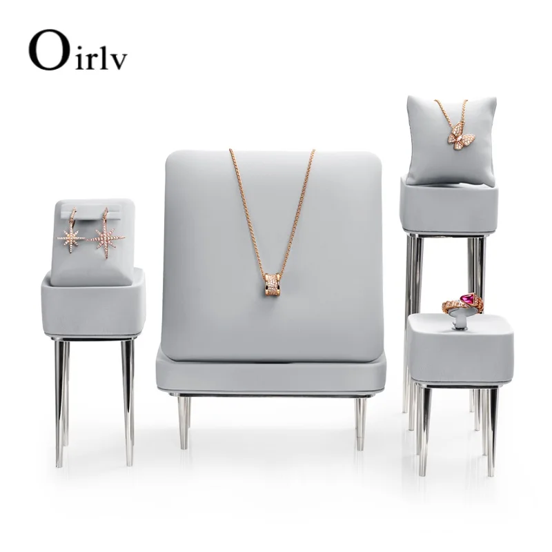 Oirlv PU leather Grey metaldisplay stand earrings necklace pendant bracelet ring storage rack counter props home storage