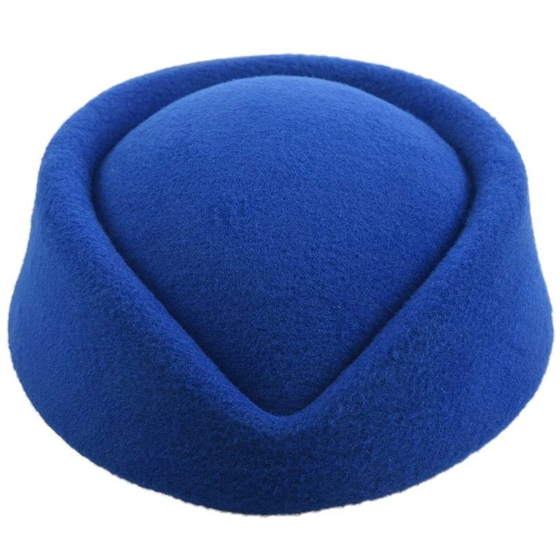 

New Elegant Wool Felt Pillbox Stewardess Air Hostesses Beret Hat Party Base Cap (blue)
