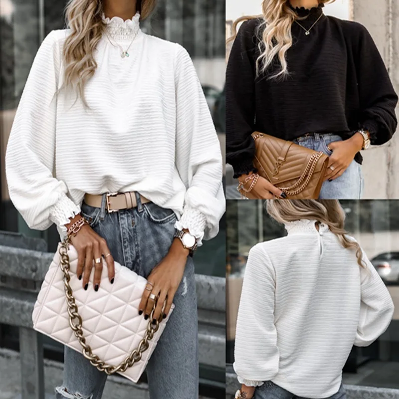 

Work Lantern Sleeve Ruched Wrap Top 2023 Women Shirt Long Sleeve White Tops Cuff Shirt V-neck Sweater Basic Hoody Blouses