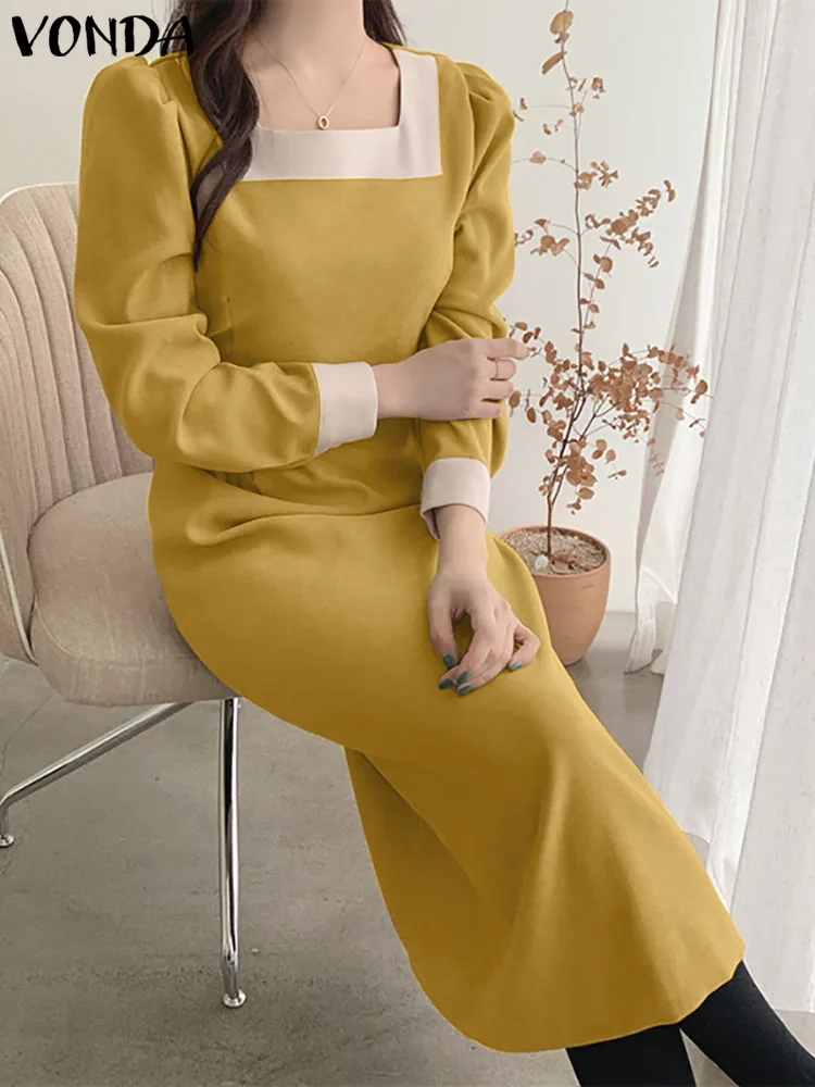 

Sexy Square Collar Elegant Party Dress VONDA 2022 Summer Women's Fashion Long Sleeve Pleated Long Shirt Dresses Patchwork Robe