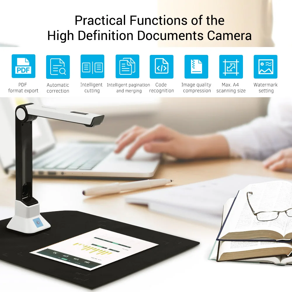 

WBK50 Portable 10MP HD Book Scanner Capture Size A4 Document Camera, Document Recognition Scanning Office Scanner for Teaching