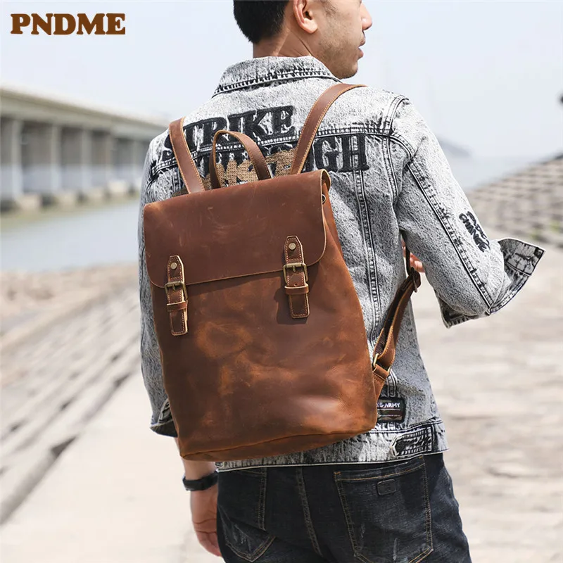 Vintage fashion crazy horse leather men's large-capacity backpack daily outdoor travel ladies natural cowhide laptop school bag