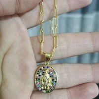 virgin mary pendant necklace women choker gold chain rainbow cubic zirconia paved oval luxury jewelry necklaces anniversary