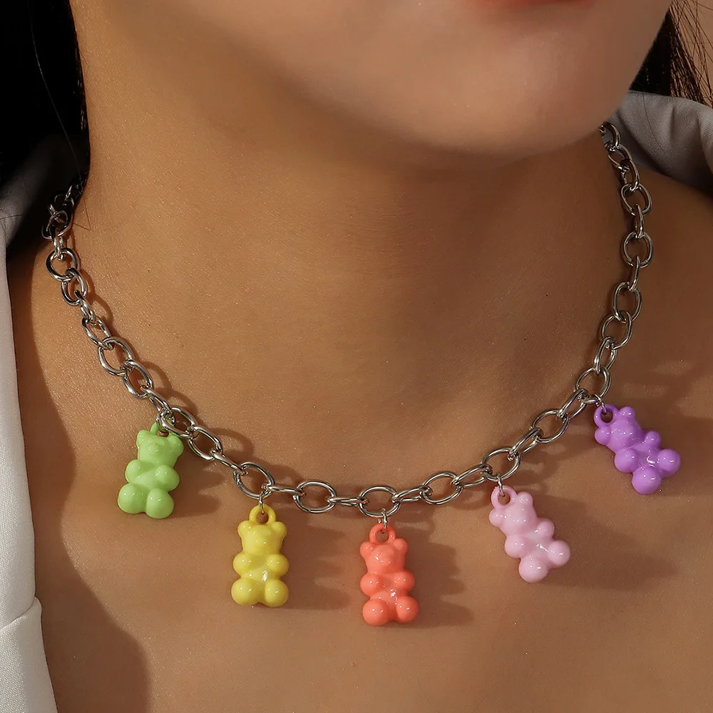 

Cute Korean Candy Color Jelly Bear Gummy Necklaces for Women Girls Cool Resin Necklaces Gift