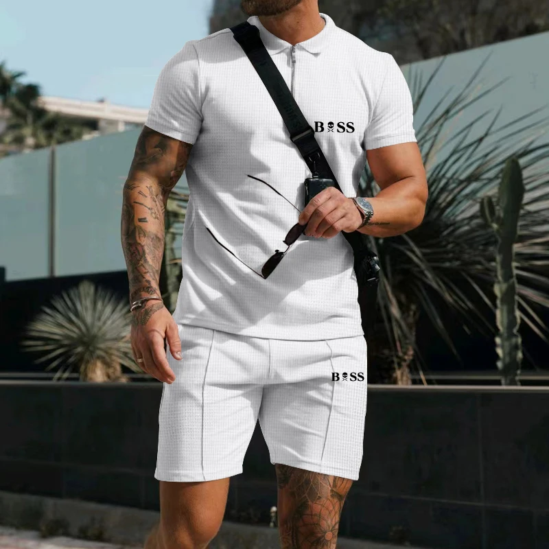 Men's Summer Heavyweight Waffle POLO Shirt Short Sleeve Zipper + Casual Sports Shorts High Quality Two-Piece Set