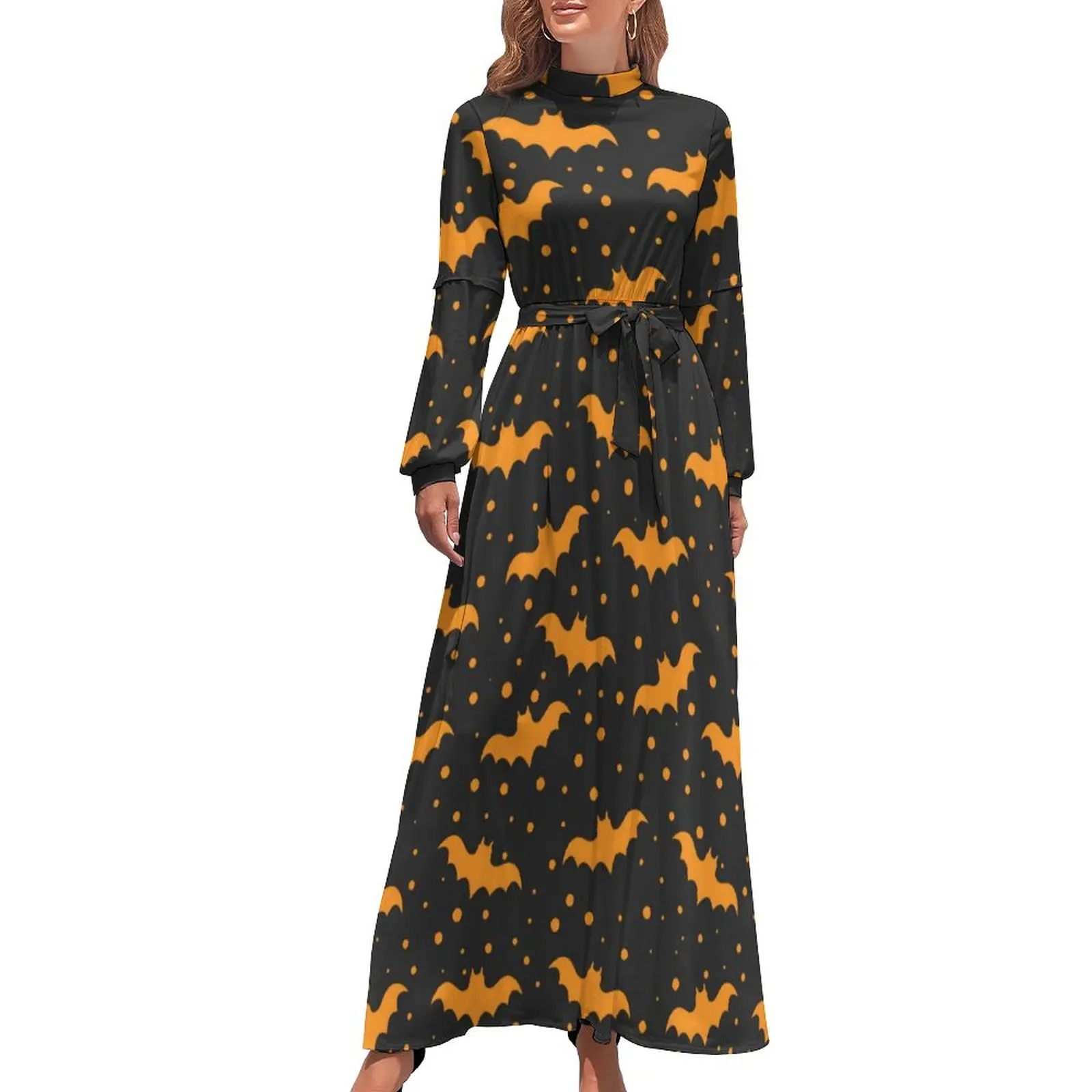 

Halloween Bat Dress Orange Dots Print Casual Boho Beach Dresses Women Long-Sleeve High Waist Sexy Long Maxi Dress