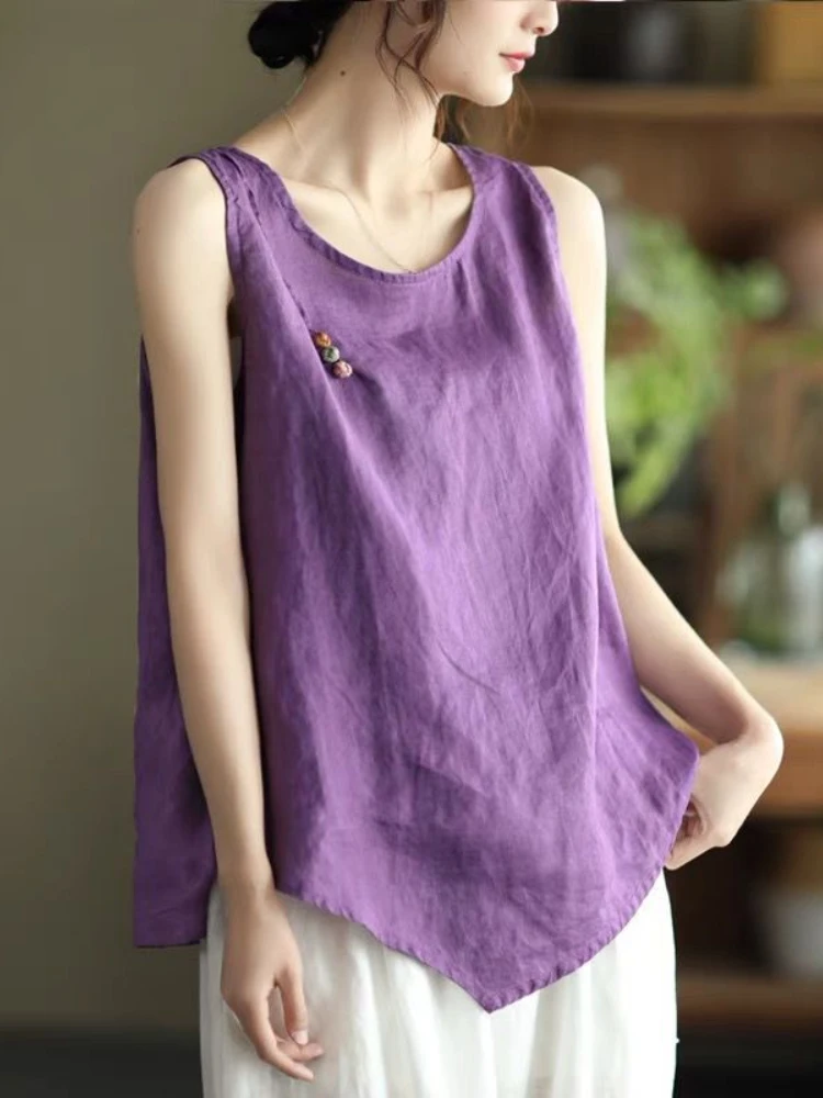 

2022 Summer New Women's Cotton and Linen Vest Retro Loose Literary and Artistic Outer Wear Bottoming Suspenders Inner Top Simple