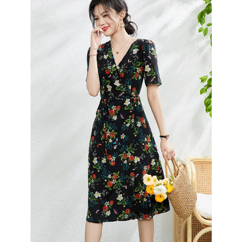 Mulberry Silk Dress Women 2023 New French Style Fashion Silk Long Dress Floral Flower Wrapped Hip silk dress 23E017