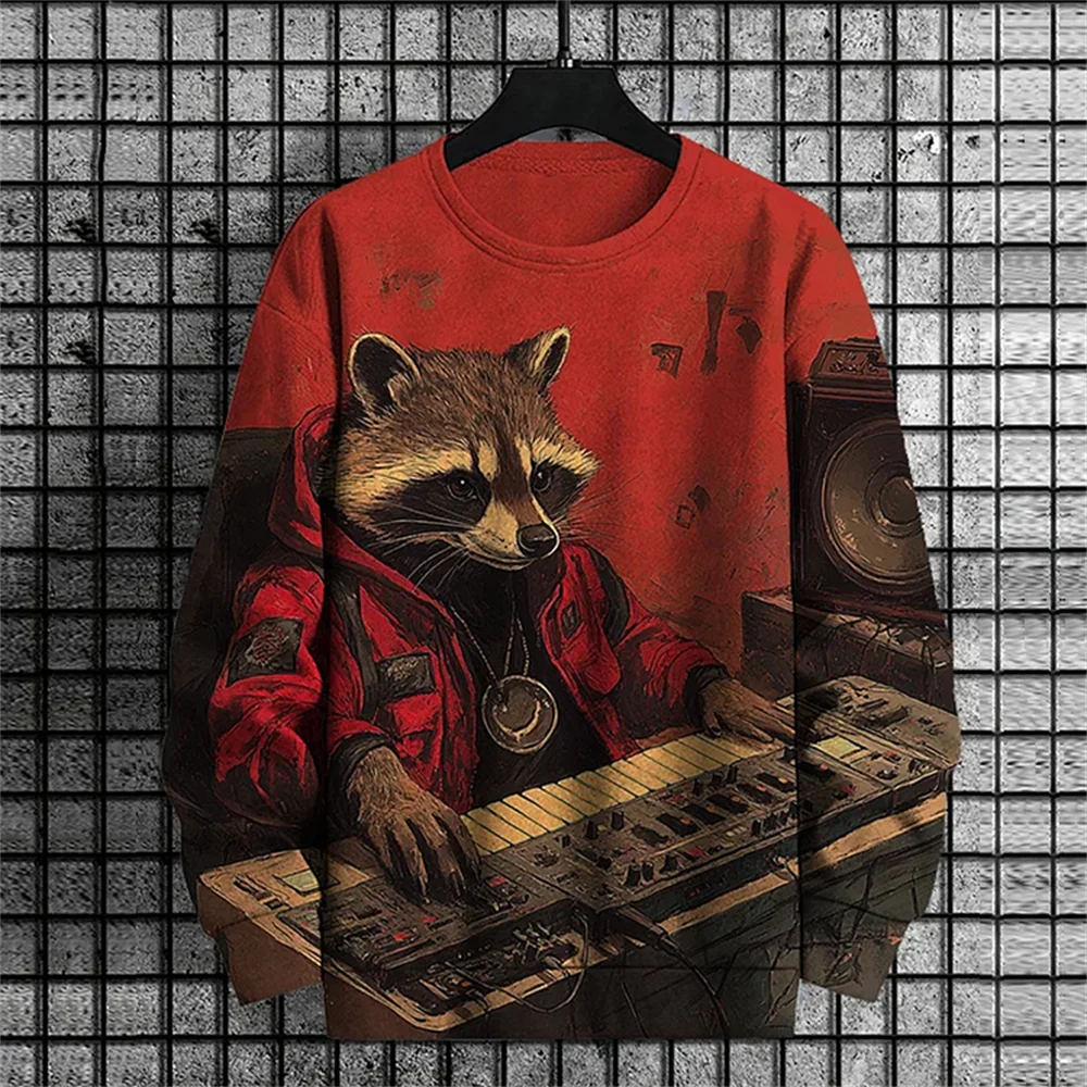 Свитшот мужской с капюшоном винтажный пуловер рисунком воина енота худи длинным