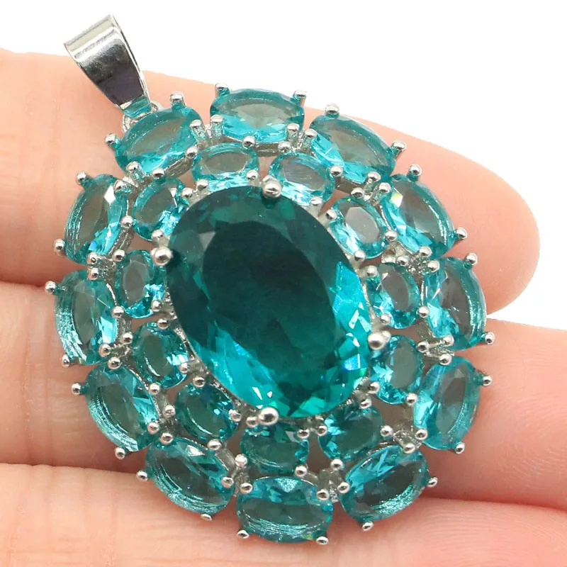 

43x31mm Luxury Created Aquamarine Swiss Blue Topaz For Woman's Daily Wear Silver Pendant