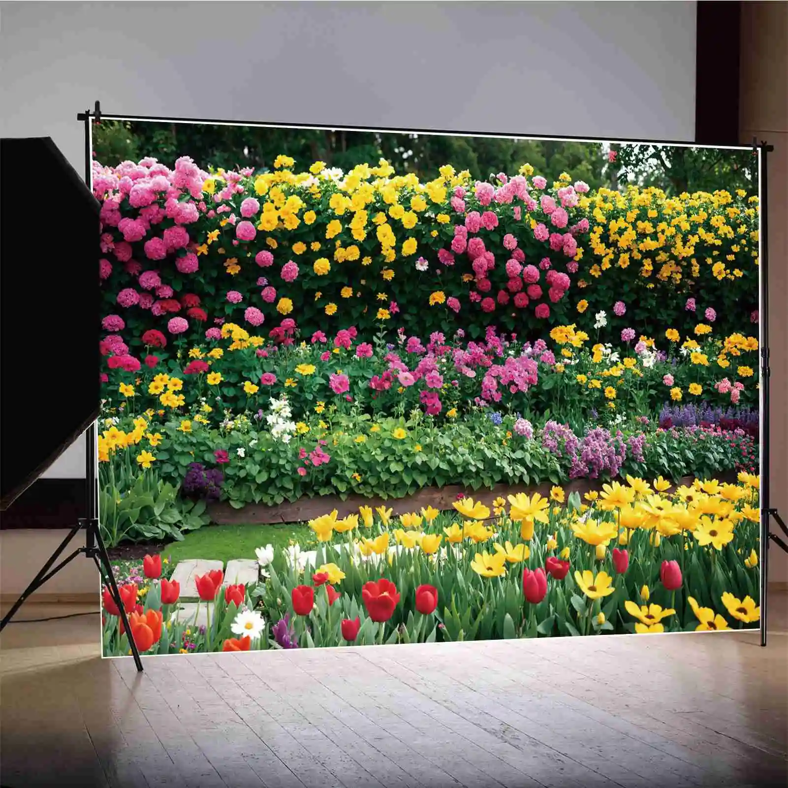 

Spring Blossom Flowers Scenery Photography Backdrops Garden Floral Pot Plants Customized Children Photobooth Photo Background
