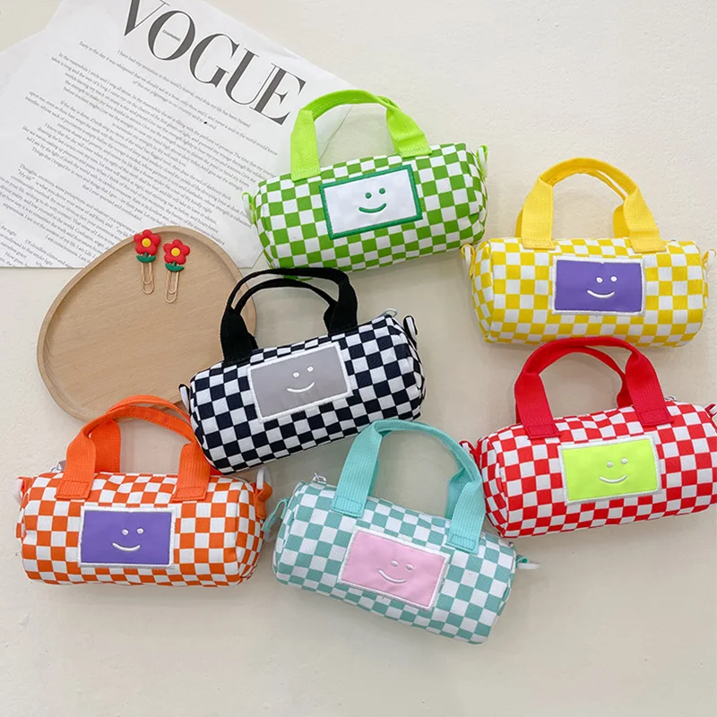

Checkerboard Plaid Boys Kids Pillow Purse Shoulder Bags Cartoon Smile Children's Handbags Candy Color Baby Girls Crossbody Bag