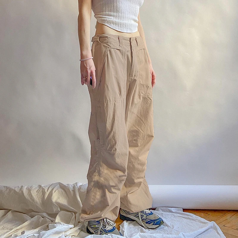 

YIKUO Khaki Solid Shirring Design Straight Pants Women Low Waist Casual Hippie Baggy Trousers Vintage 90s Streetwear Bottoms