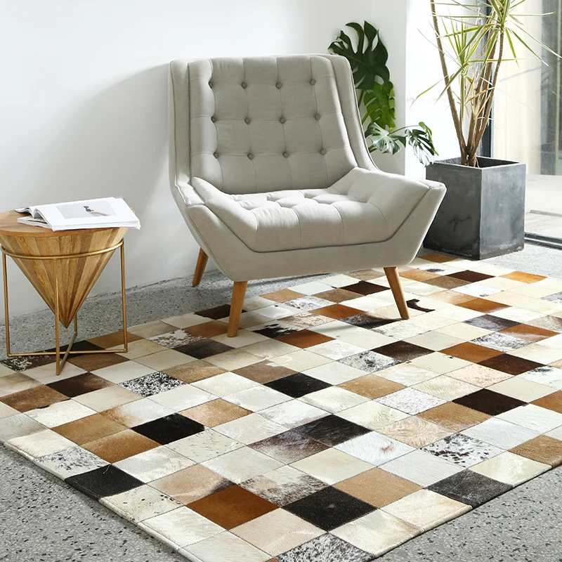 

Nordic Brown Plaid Rugs Living Room Luxury Ins Cowhide Carpet Coffee Table Handmade Real Cow Leather Carpet Bedroom Villa Mat