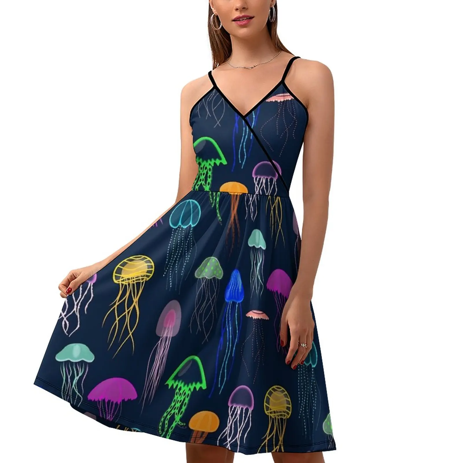 

Colorful Jellies Dress Women Jellyfish Print Streetwear Graphic Dresses Holiday Strap Kawaii Casual Dress Gift Idea
