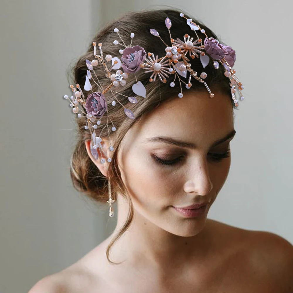 

Bride Flowers Headband With Ribbon Purple Simulation Flower Wreath Communion Girl Colorful Hair Bands &Earrings For Wedding