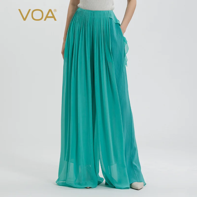 

VOA Georgette Mulberry Silk Blue Collision Material Stitching Unbounded Heavyweight Natural Waist Pleated Wide-leg Pants KE752