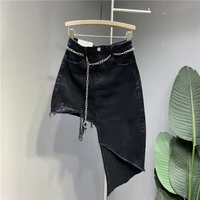 black irregular denim skirt women 2022 summer new sexy ripped mid length faldas mujer moda