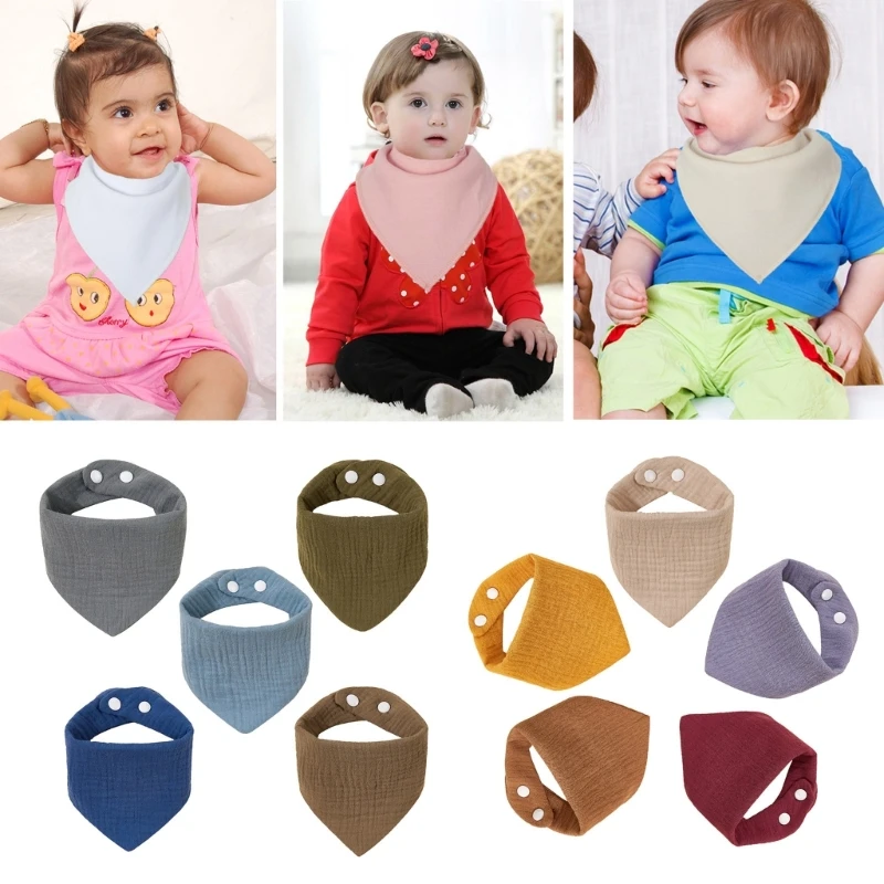 

5PCS Cotton Drooling Bibs with Snap Buttons Absorbent Triangled Scarf Feeding Bibs Trend Baby Accessories for Daily Wear A2UB