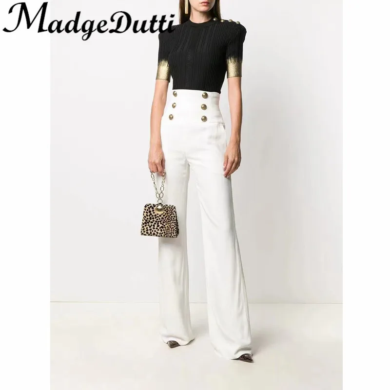 3.23 MadgeDutti Solid Color Temperament Vintage Double Breasted Back Zipper High Waist Wide Leg Pants Women