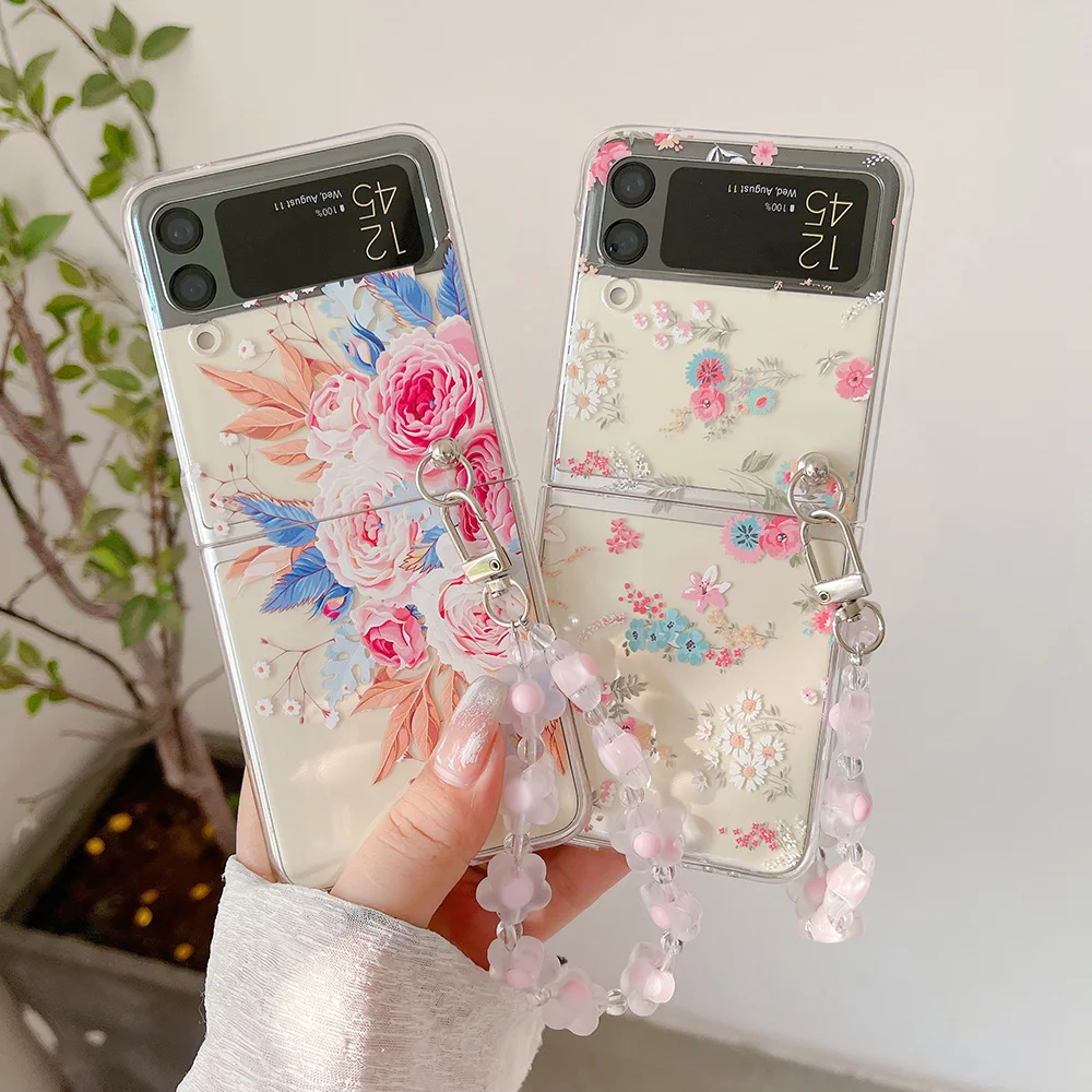 

For Samsung Z Flip 4 Case Pink Floral Bracelet Transparent Folding Case For Samsung Z Flip 3 ZFlip4 Shockproof Hard Back cover