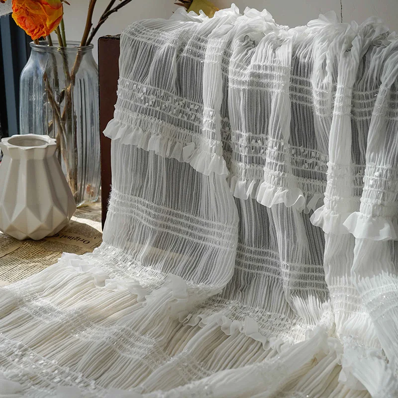 

New Chiffon Hook Embroidered Striped Wrinkled Fabric Fairy Style Wedding Dress Stretch Tulle Fabric By the Meter