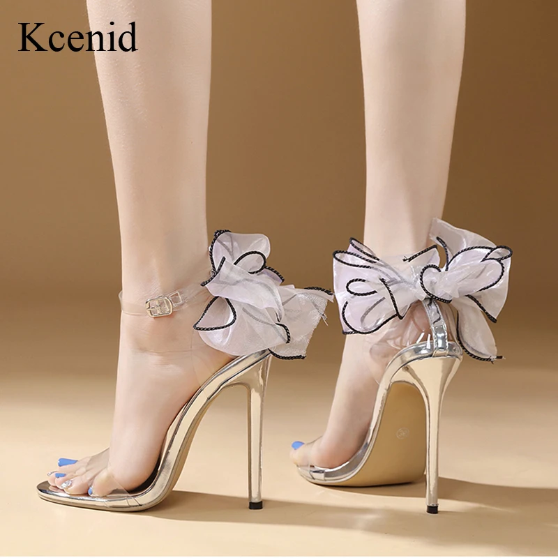

Kcenid модные элегантные женские сандалии из сетчатой ткани с цветочным рисунком, летние сексуальные прозрачные сандалии из ПВХ с открытым носком на высоком каблуке 12 см