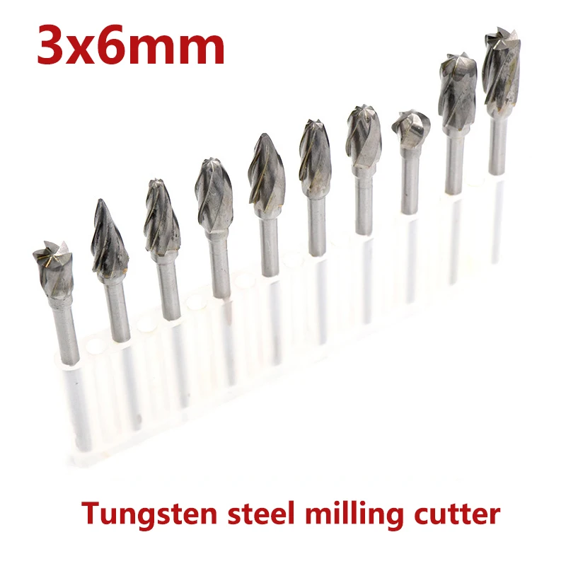 

3mm Shank 6mm Tungsten Steel Grinding Head Milling Cutter Coarse Sand Rotary File Burrs Wood Root Carving Tools Grit 80# 10-Size