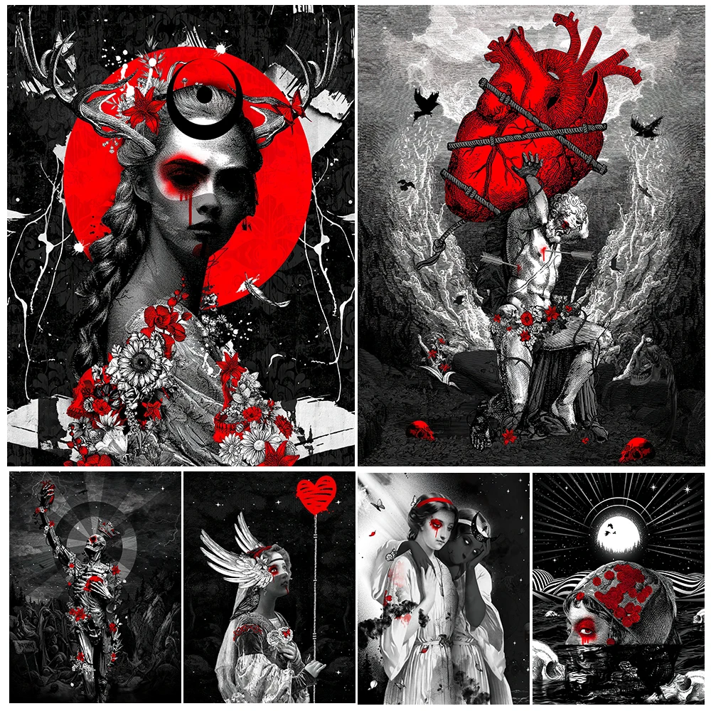 

Heavy Heart And Bleeding Eyes Wall Art Canvas Painting Horror Surreal Girl And Skeleton Art Poster And Print Home Decor Unframed