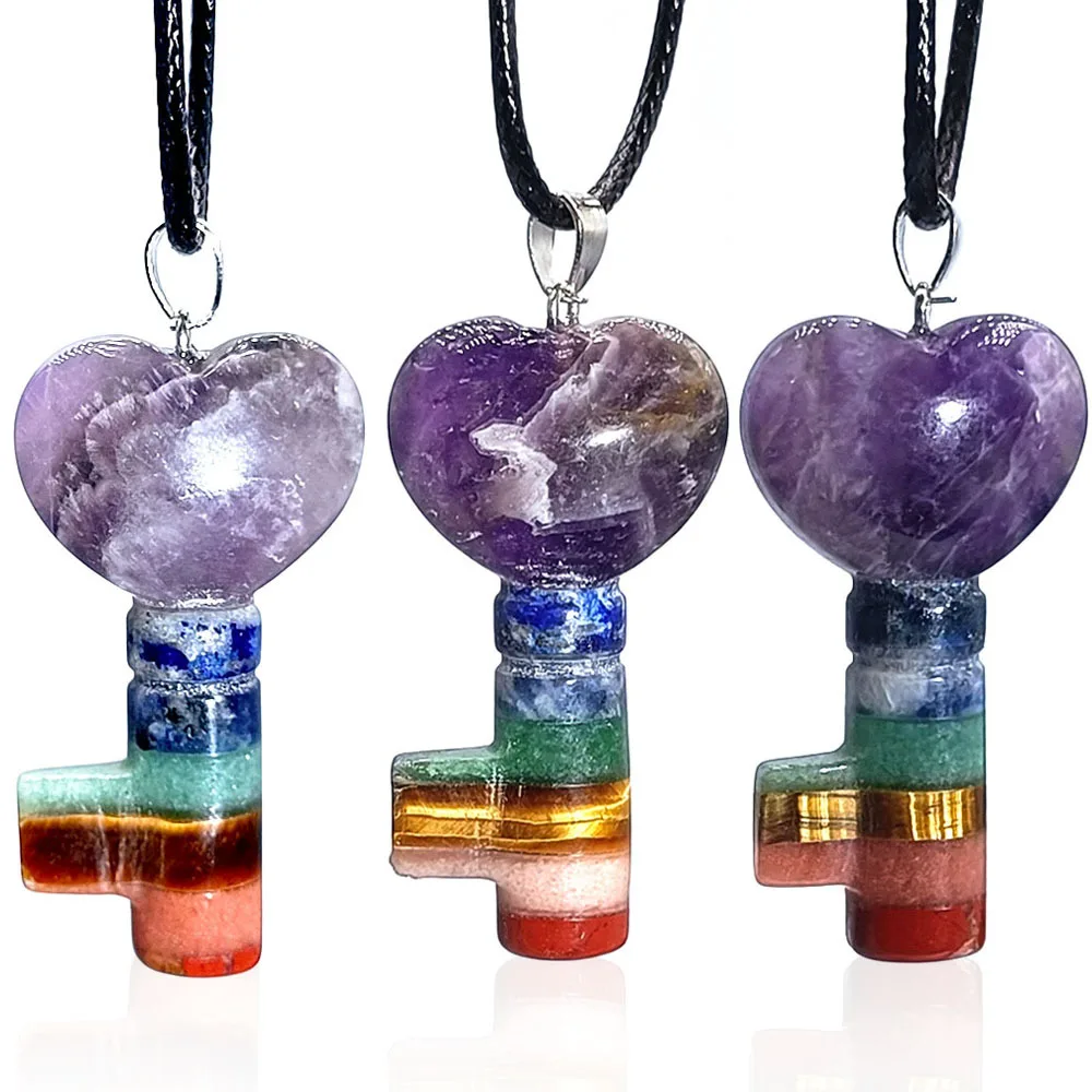 

Natural 7 Chakra Crystal Key Shaped Pendant Hand Carved Keys Healing Crystals Amethyst Heart Gemstone Necklace for Women Gift
