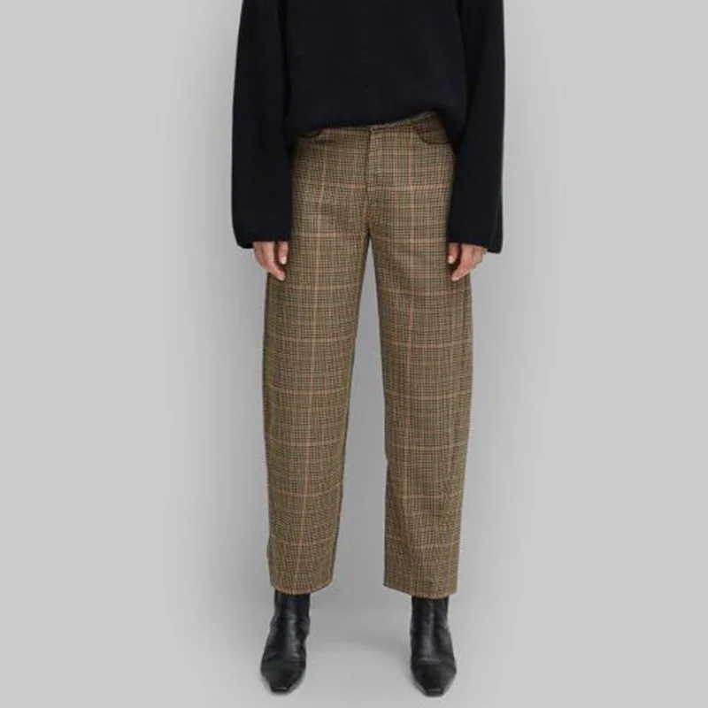 

Женские брюки 2021, осень и зима, желтые клетчатые прямые брюки из 100% хлопка, повседневные свободные брюки до щиколотки, брюки-карандаш