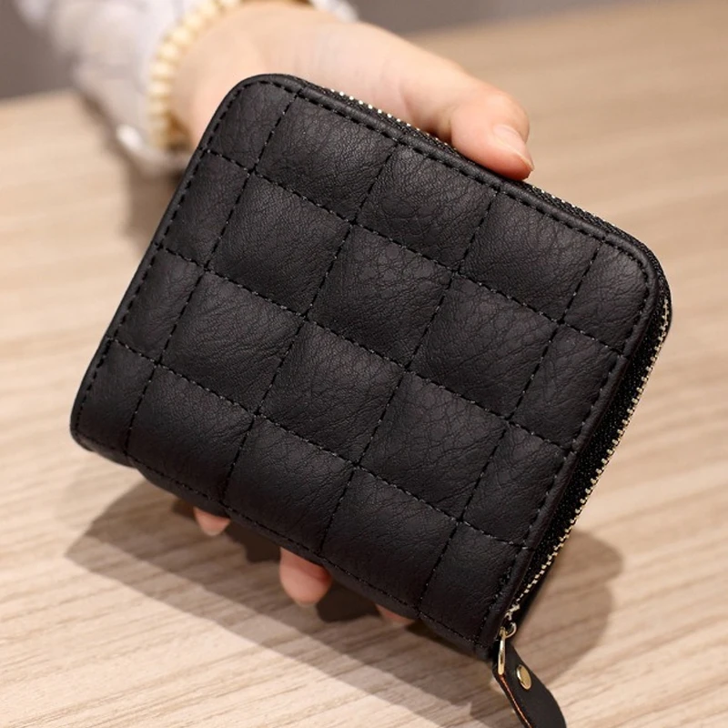

Black Women's Wallet PU Leather Plaid Short Purses Nubuck Card Holder Fashion Small Zipper Wallet Mini Coin Purse Female Ladies