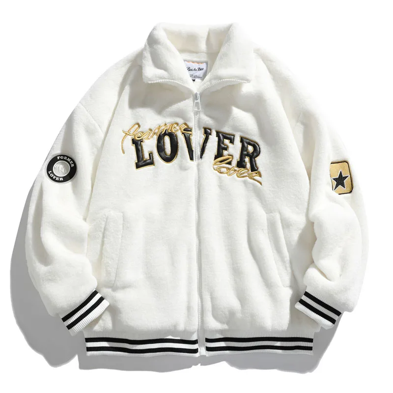 

Hip Hop Thick Jacket Men Lamb Fleece Embroidered Letters Baseball Jackets High Street Oversized Winter Warm Jacket Couple Women