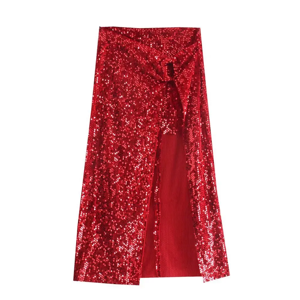 

Sequin Women Skirt Split Red Mid Length Ladies Velvet Zipper Spring Skirts A Line Casual Solid Elegant Female Skirt 2022