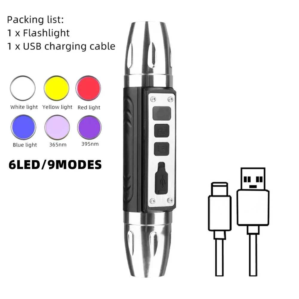 

Многофункциональный УФ-фонарик 6-в-1 С USB-зарядкой, Белым, Желтым И УФ-светом 365/395 Нм
