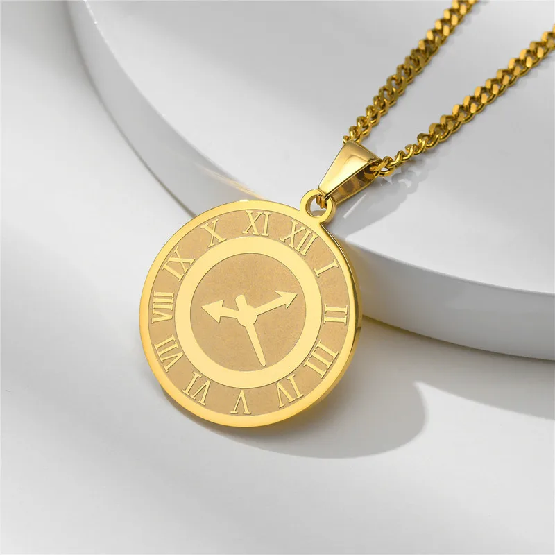 

ZORCVENS 2022 New Fashion Punk Vintage Roman Numerals Clock Pendant Necklaces for Men Gold Color Stainless Steel Wedding Jewelry