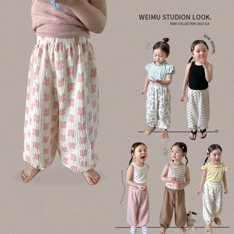 

Summer Girls Trousers Floral Printed High Waist Beach Pants Holiday Sunscreen Pants Children's Floral Pants Anti-mosquito Pants