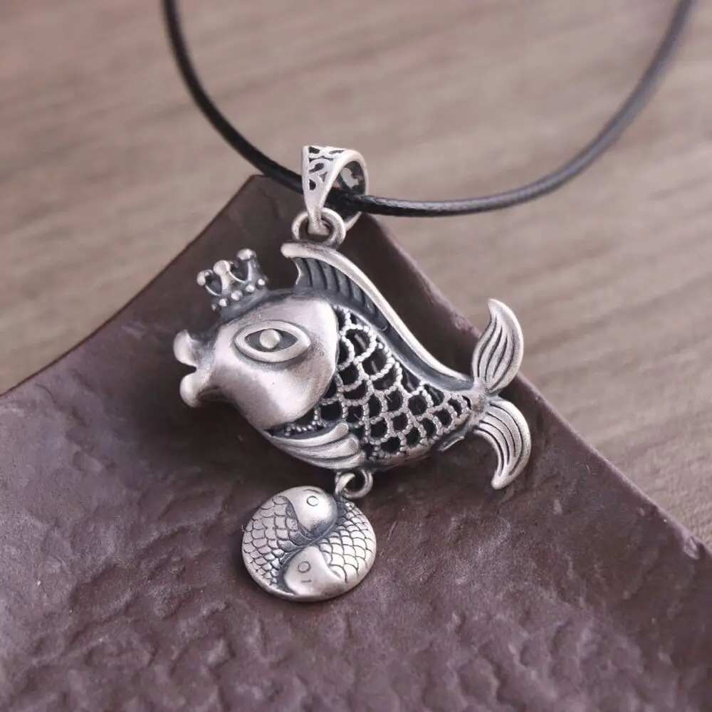 

Pure S990 Sterling Silver Men Women Lucky Hollow Crown Fish Pendant 17g
