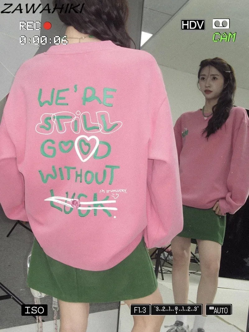 

Spring Autumn Letter Print Loose O-neck Long Sleeve Women Sweatshirt Casual Cotton Pullovers All Match Chic Streetwear Tops