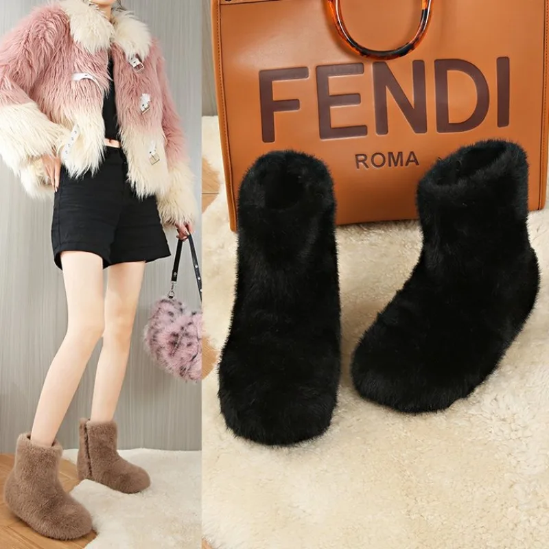 Новые модные женские зимние сапоги с лисьим мехом разноцветные ботинки радуги