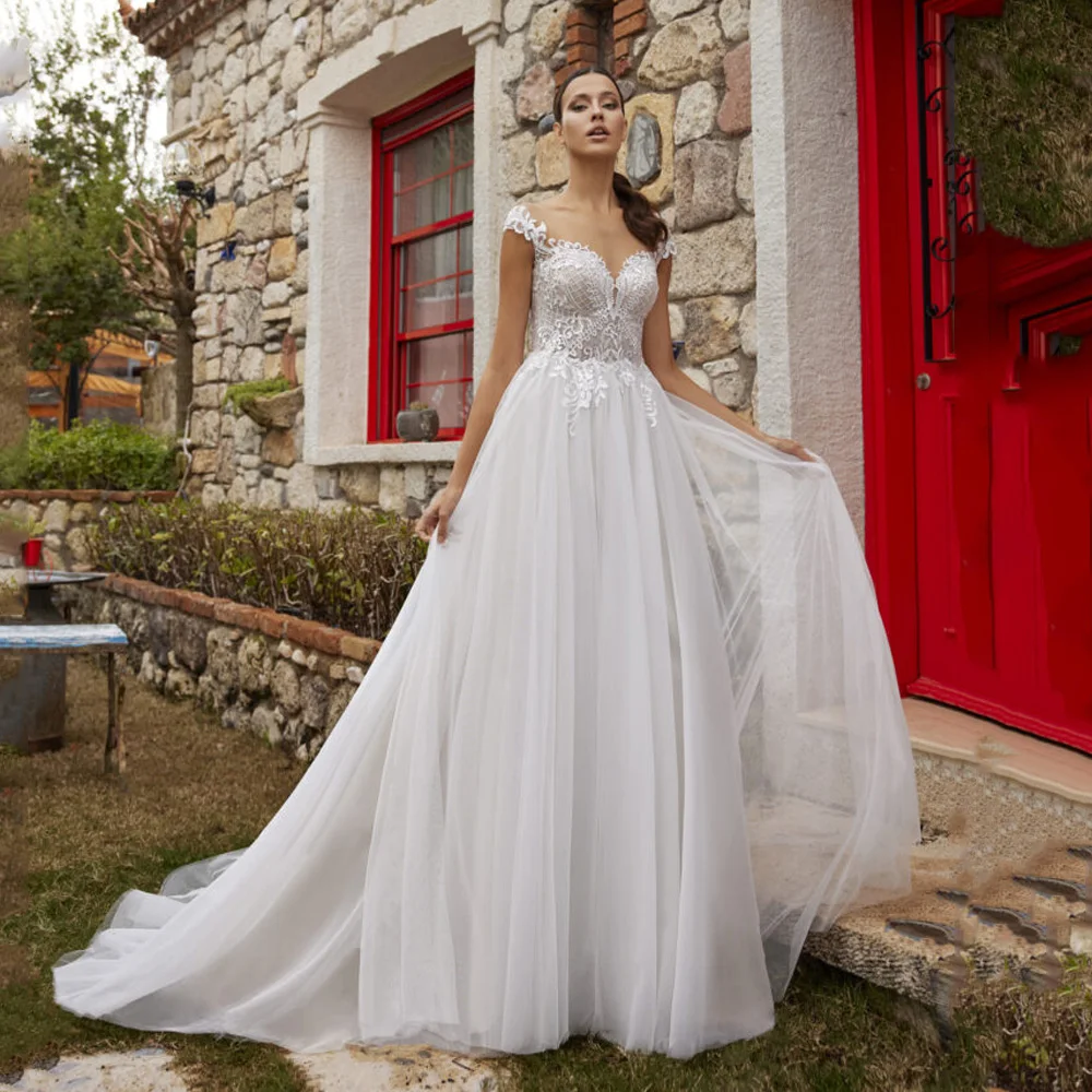 

White Wedding Dress 2022 For Women Elegant Scoop Neck Soft Tulle A Line Bridal Gowns Custom Made Sweep Train Robe De Mariee